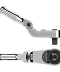 Three Eighths Inch Drive Folding Quick Release Stubby Ratchet With Angled Handle And 180 Degree Non Locking Joint Range, side view
