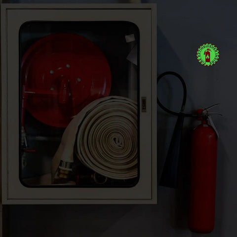 Glow In The Dark Fire Extinguisher Sign Labels 4 Pack 2.76 Inch Self Adhesive Waterproof Stickers on wall near fire equipment