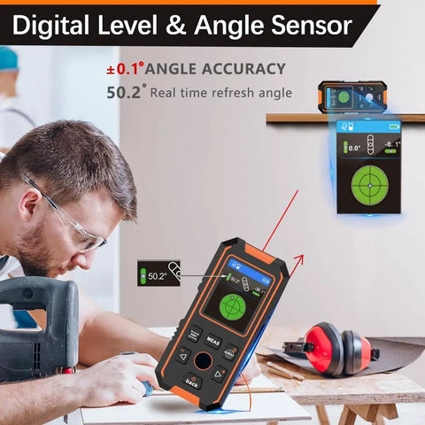 All In One Wall Scanner And Laser Rangefinder Pro Tool for Stud Detection, showing digital level, angle sensor in use.