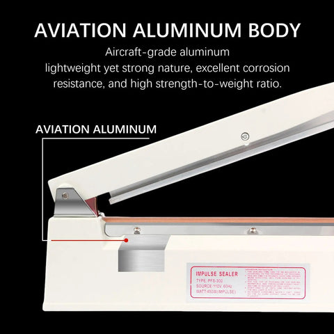 Heavy Duty Twelve Inch Impulse Bag Heat Sealer Constructed With Hella Rugged Aviation Aluminum Body for durable commercial use.