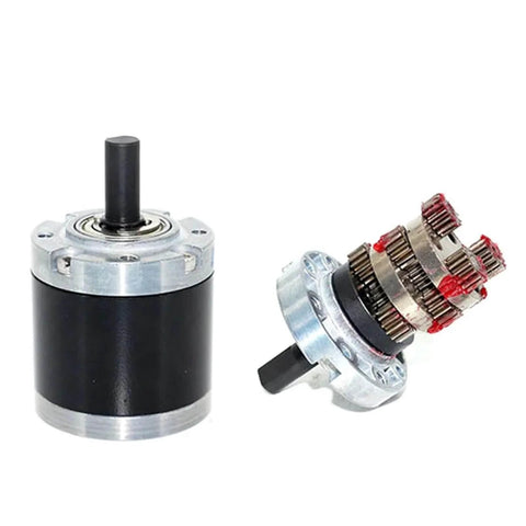 Planetary Gearbox Reducer For DC Motors 42mm Gear Reduction Unit For 775 795 895 shown disassembled and assembled view