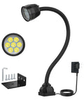 Flexible CNC Lathe Work Light With 1400 Lumens IP66 Waterproof Gooseneck Lamp shown with mounting accessories and power adapter