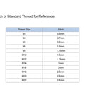 Pitch of Standard Thread for Reference chart showing thread size and pitch measurements in millimeters.