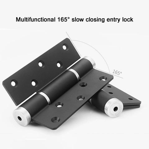 Two black metal cabinet door hinges with silver pins and mounting holes; self-closing hydraulic design.