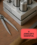 Jeweler's tools including a 7 Piece Circular Disc Cutter Set With Wooden Storage Box Square Design Includes Round Punches One Quarter Inch Through Five Eighth Inch Heavy Duty Hardened Steel Cuts Up To Eighteen Gauge Rock Solid For Metalworking on a table.