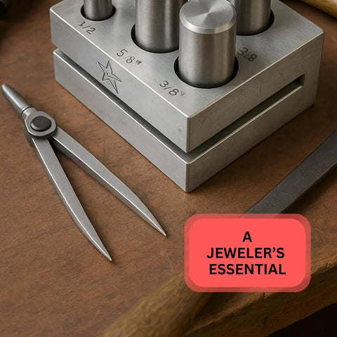 Jeweler's tools including a 7 Piece Circular Disc Cutter Set With Wooden Storage Box Square Design Includes Round Punches One Quarter Inch Through Five Eighth Inch Heavy Duty Hardened Steel Cuts Up To Eighteen Gauge Rock Solid For Metalworking on a table.