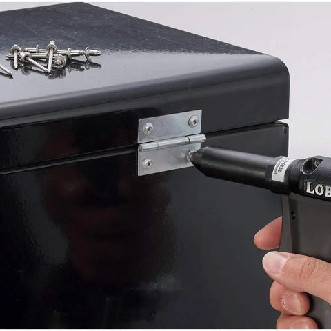 Using Premium Aluminum AP Rivets Size 6-4 In A Snug Eco Resin Tub to attach metal hinges on a black box.