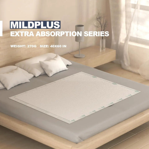 Heavy Duty Adult Underpads 40 By 60 Inches Hella Thick Disposable Bed Pads With Reinforced Cloth Backing Maximum Support Leak Proof Comfort 30 Count Discreet on a bed.