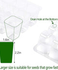 Diagram of Six Tray Seed Starter Kit with Adjustable Humidity Dome, featuring cell dimensions and drainage hole detail.