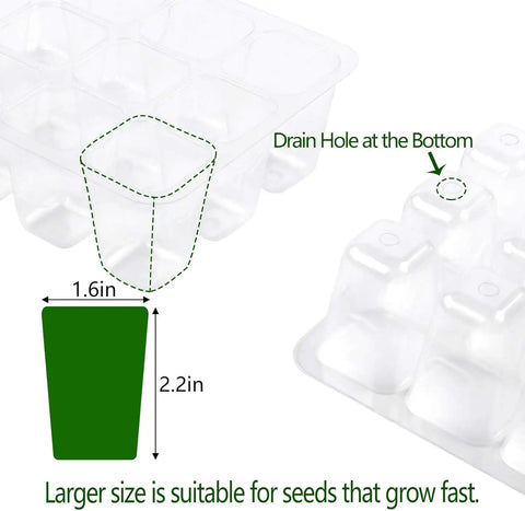 Diagram of Six Tray Seed Starter Kit with Adjustable Humidity Dome, featuring cell dimensions and drainage hole detail.