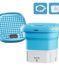 Compact Portable Mini Washing Machine Foldable Washer With Spin Dryer Bucket in blue, includes accessories for quick wash.