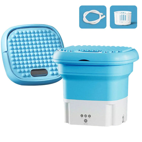 Compact Portable Mini Washing Machine Foldable Washer With Spin Dryer Bucket in blue, includes accessories for quick wash.