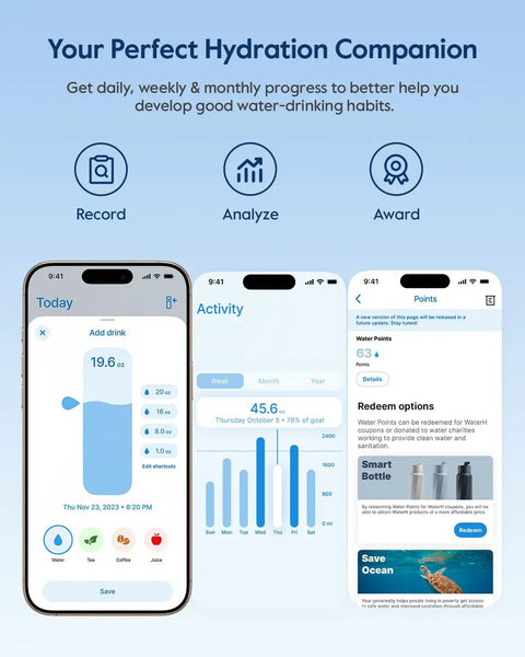 Smart Water Bottle With Glowing Sip Tracker Keeps Your Hydration Game Fresh All Day Long 24 Oz Insulated Flask app screens showing hydration progress.