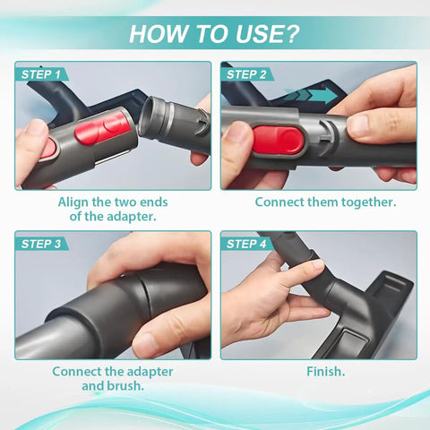 User demonstrating assembly steps for Hardwood Floor Attachment With FlatOut Head And Converter Adapter For Dyson Cordless Sticks Fits V7 V8 V10 V11.