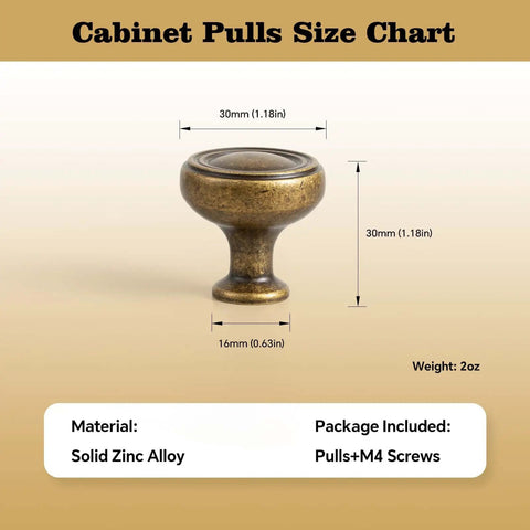 6 Pack Antique Brass Zinc Alloy Cabinet Knobs And Drawer Pulls For Kitchen Cabinets, size chart with dimensions