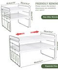 Expandable Kitchen Wrap Box Organizer Rack With Custom Adjustable Width And Height For Foil Paper Towel Storage In Pantry Cabinet Or Counter, dimensions shown.