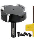 CNC Spoilboard Surfacing Router Bit, Two And A Half Inch Diameter, Half Inch Shank, Four Wing Beefy Cutter shown with screws and hex wrench