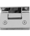 Heavy Duty Built Tight Frameless Glass Door Hinge 90 Degree Stainless Steel Self Closing Pivot Hardware for 8 to 12 Millimeter Bathroom and Shower Glass close-up view.