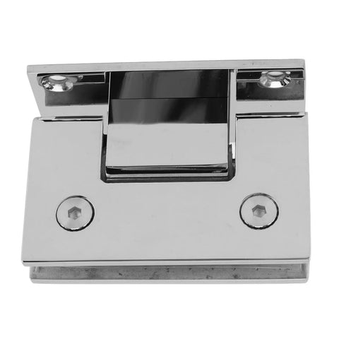 Heavy Duty Built Tight Frameless Glass Door Hinge 90 Degree Stainless Steel Self Closing Pivot Hardware for 8 to 12 Millimeter Bathroom and Shower Glass close-up view.