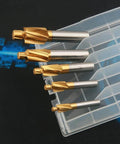Diagonal view of five TiN-coated HSS-M2 counterbore end mills with gold cutting edges in a clear plastic case.