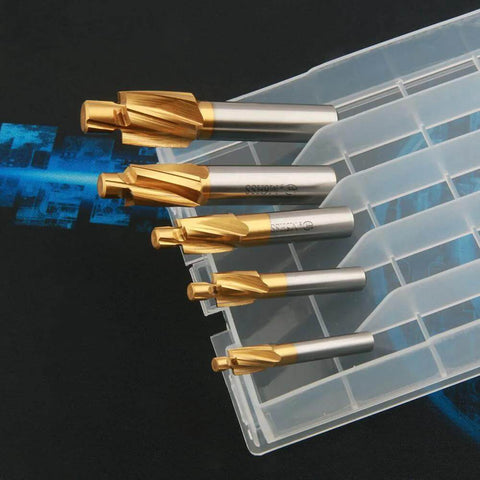 Diagonal view of five TiN-coated HSS-M2 counterbore end mills with gold cutting edges in a clear plastic case.