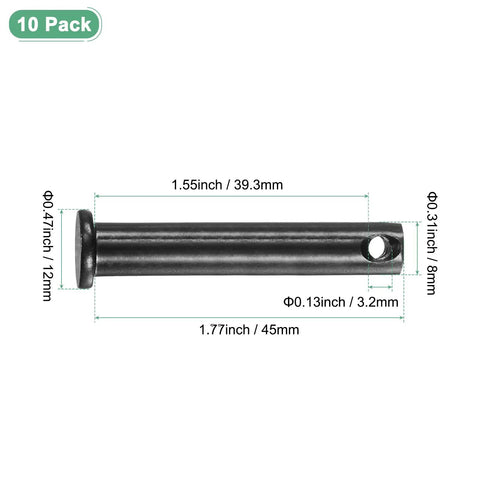10 Pack M8x45mm Carbon Steel Flat Head Clevis Pins With Single Hole, Reusable Built Tough Fasteners For Mechanical Linkage, Rigging, Ship Rigging, Furniture Assembly, Agriculture, Aviation, And Construction., black clevis pin with 45mm length, 12mm head, and 3.2mm hole