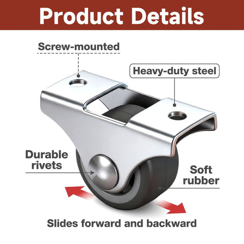Product details of 4 Pack 1 Inch Small Non Swivel Caster Wheels With Top Plate And Screws, highlighting screw-mounted steel and rubber wheel.