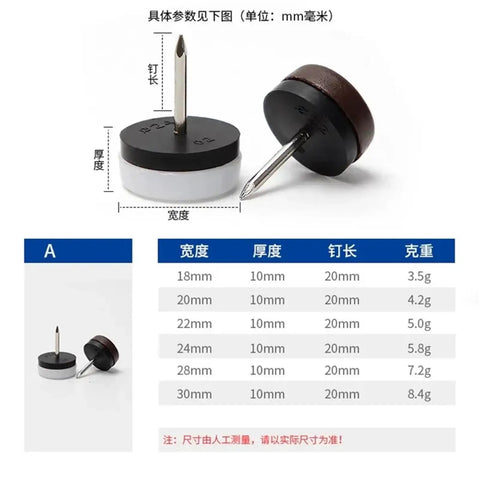 Heavy Duty Nylon Furniture Glides 400 Piece Pack thickened nail in slides with size chart and specifications.