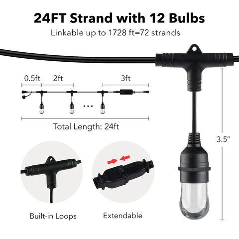 Smart Color Changing Outdoor String Lights 24ft LED Flat Wire with 12 bulbs, linkable up to 1728 ft, no hub required