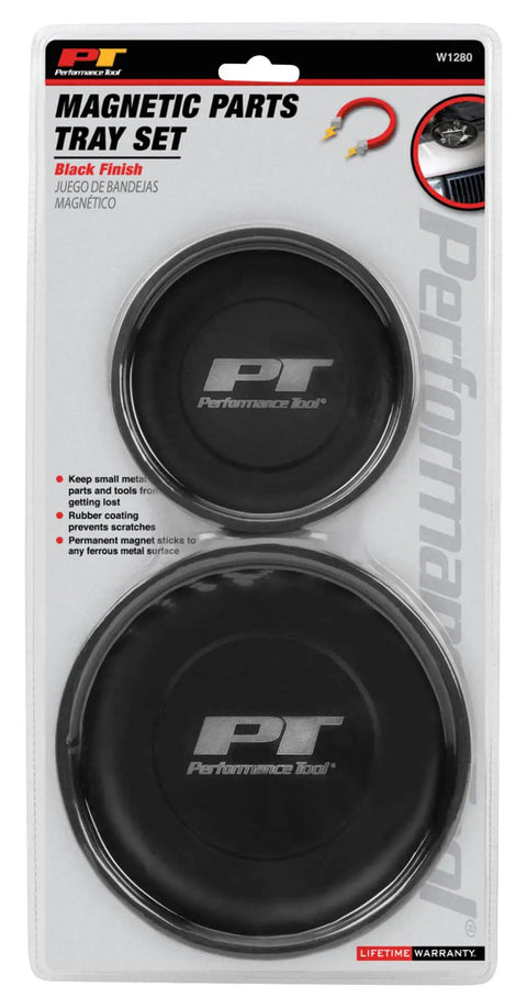 Magnetic Parts Tray Tool Set for Garages and Workshops Black Two Tray Kit With 4 Inch And 5 And A Half Inch Trays in packaging