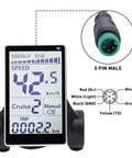 Universal 5 Pin LCD Display Meter for E Bikes and Scooters showing speed and connector details