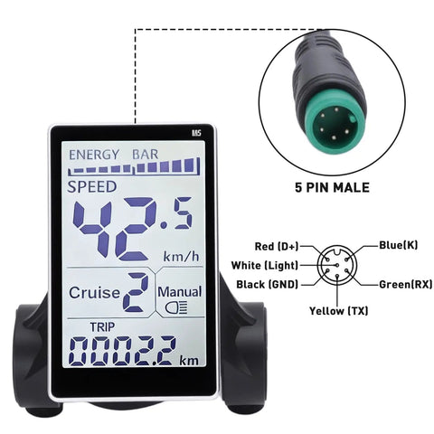 Universal 5 Pin LCD Display Meter for E Bikes and Scooters showing speed and connector details
