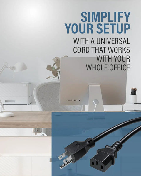 10 Foot Shielded Replacement AC Power Cord NEMA 5 15P To IEC 320C13 Cable displayed on desk with monitor