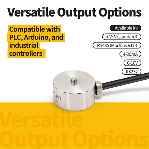 Compact Flush Diaphragm Button Load Cell Stainless Steel IP66 Compression Sensor For OEM Space Constrained Setups 10 To 500 Kg Range 0.5 Percent FS Ideal For Collaborative Robots End Of Arm Tooling And Servo Press Monitoring, stainless sensor with cable