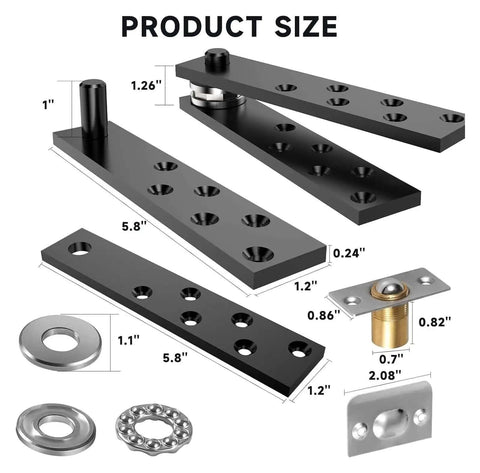 Detailed view of Secret Door Hinge Kit With 360 Degree Pivot For Hidden Doors Heavy Duty Hardware Up To 300 Lbs, showing components and sizes.