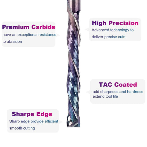 Front view: SpeTool compression spiral router bit, 1/8 in shank, 1 in cutting length, carbide with TAC coating