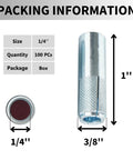Diagram showing dimensions and packaging of Drop-In Anchors 1/4-20 Zinc-Plated For Concrete, 100 Pieces.