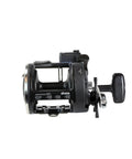 Magda Pro Line Counter Levelwind Trolling Reel Small Black Silver MA20DX side view, ultralight graphite construction
