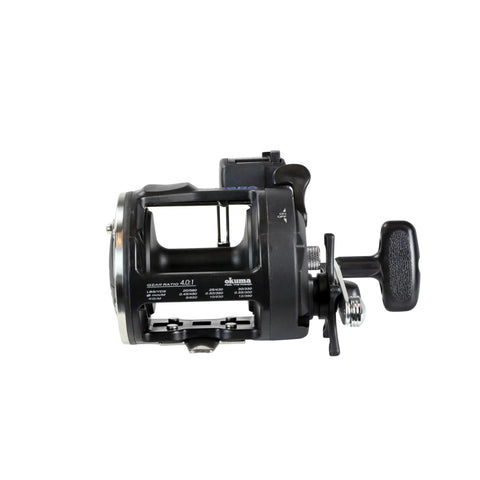 Magda Pro Line Counter Levelwind Trolling Reel Small Black Silver MA20DX side view, ultralight graphite construction