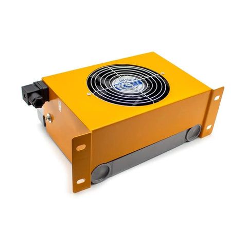 Hydraulic Air Cooler Fan With 60L Min Flow, 2.4KW Cooling Capacity, Oil Radiator Plate Heat Exchanger in yellow casing, side view