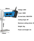 Dual Blade Foam Cutter With Hardened Alloy Blades, 3000 RPM for fast clean cuts, dimensions and specifications displayed