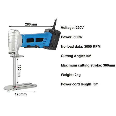 Dual Blade Foam Cutter With Hardened Alloy Blades, 3000 RPM for fast clean cuts, dimensions and specifications displayed
