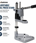 Adjustable Drill Press Stand For Hand Drill Benchtop Workstation with durable aluminum and iron construction and adjustable height.