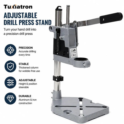 Adjustable Drill Press Stand For Hand Drill Benchtop Workstation with durable aluminum and iron construction and adjustable height.