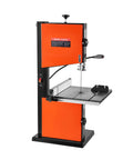 Two Speed Benchtop Band Saw For Woodworking With 10 Inch Cutting Capacity, 6 Inch Max Height, 13.2 By 13.4 Inch Cast Iron Table, 360 Degree Work Light, Miter Gauge, Fence, And 1/2 HP Motor, Beast side view showing orange and black casing with blade and table visible