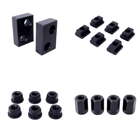 Components of Heavy Duty T Slot Clamping Kit For Milling Machines And Drill Presses 58 Piece Clamp Set With 7 16 Table Slot And 3 8 16 Stud Size