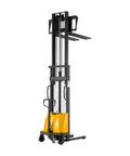 Heavy-Duty Semi-Electric Stacker Pallet Lift With 3300 Lbs Capacity And 118 Inch Reach Height, black and yellow design, adjustable forks.