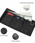 Trifold Wallet With ID Window And Card Holder Zipper Closure Lightweight Polyester showing open view with cash and card compartments.