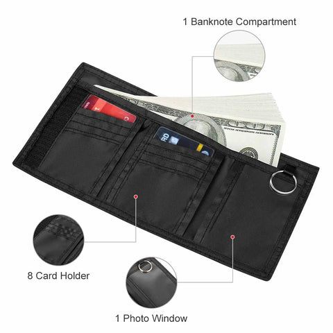 Trifold Wallet With ID Window And Card Holder Zipper Closure Lightweight Polyester showing open view with cash and card compartments.