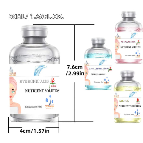 Four 50ml bottles of Hydration Packed Oxygen Facial Solution For Anti Aging And Glow Up with nutrient labels for spa-quality home treatment